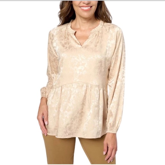 Isaac Mizrahi Live! Tops - Isaac Mizrahi Live Champagne Floral Jacquard Peplum Blouse Gold Size 6